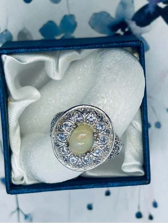 Sterling Opal Floral Halo Ring with Blue Accents - Picture 3 of 6